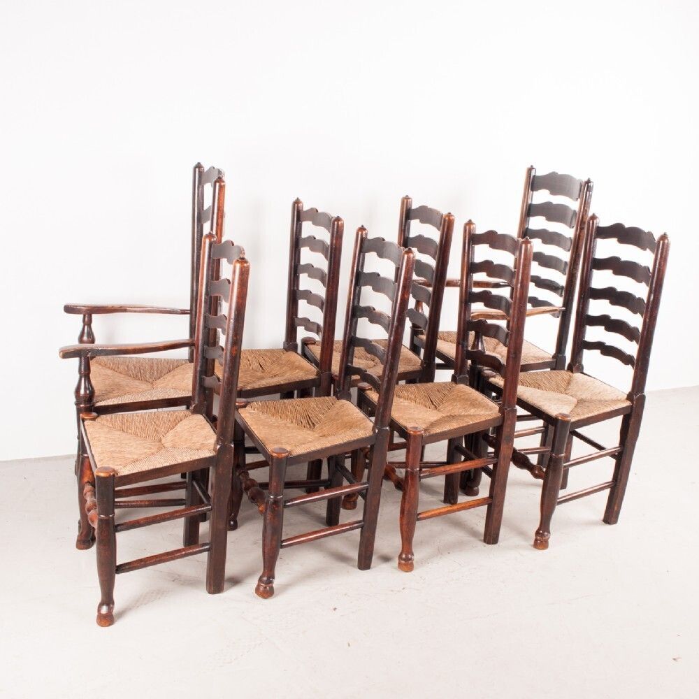 Set Of 8 (6+2) 19thc Farmhouse Rush Seated Ladderback Chairs photo buy