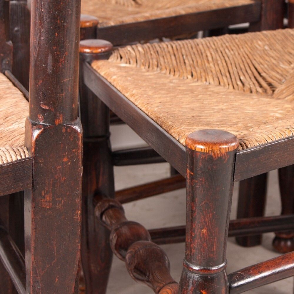 Set Of 8 (6+2) 19thc Farmhouse Rush Seated Ladderback Chairs photo vintage