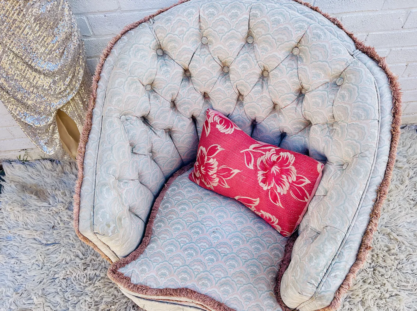 Stunning Vintage Hollywood Revival Scalloped Armchair In Pink And Blue photo furniture
