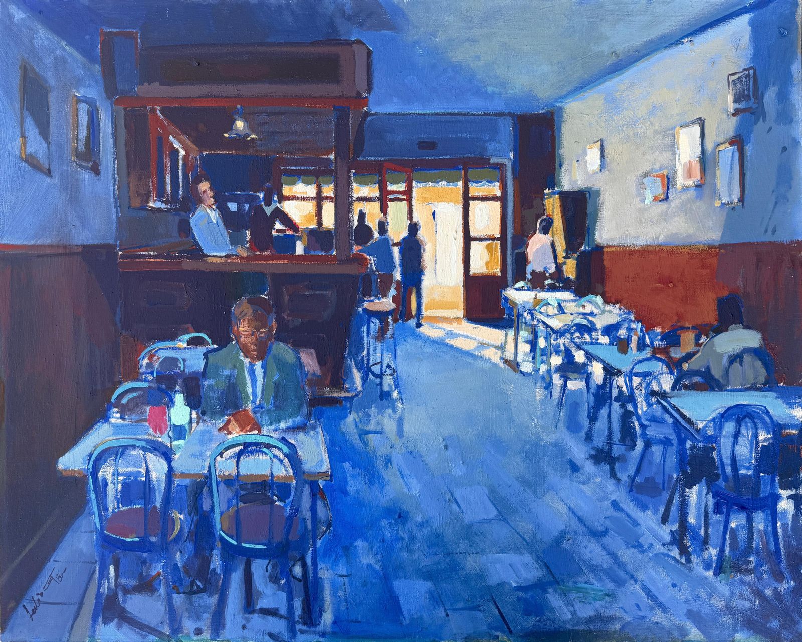 Julio García Iglesias Modern Café Interior With Figures, Atmospheric Blue Figurative Oil Painting 1986