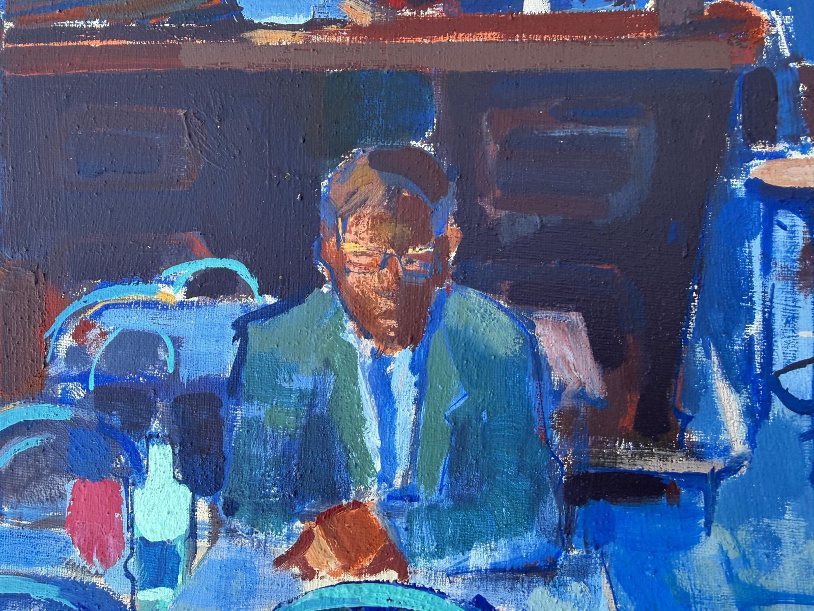 Julio García Iglesias Modern Café Interior With Figures, Atmospheric Blue Figurative Oil Painting 1986 photo for sale