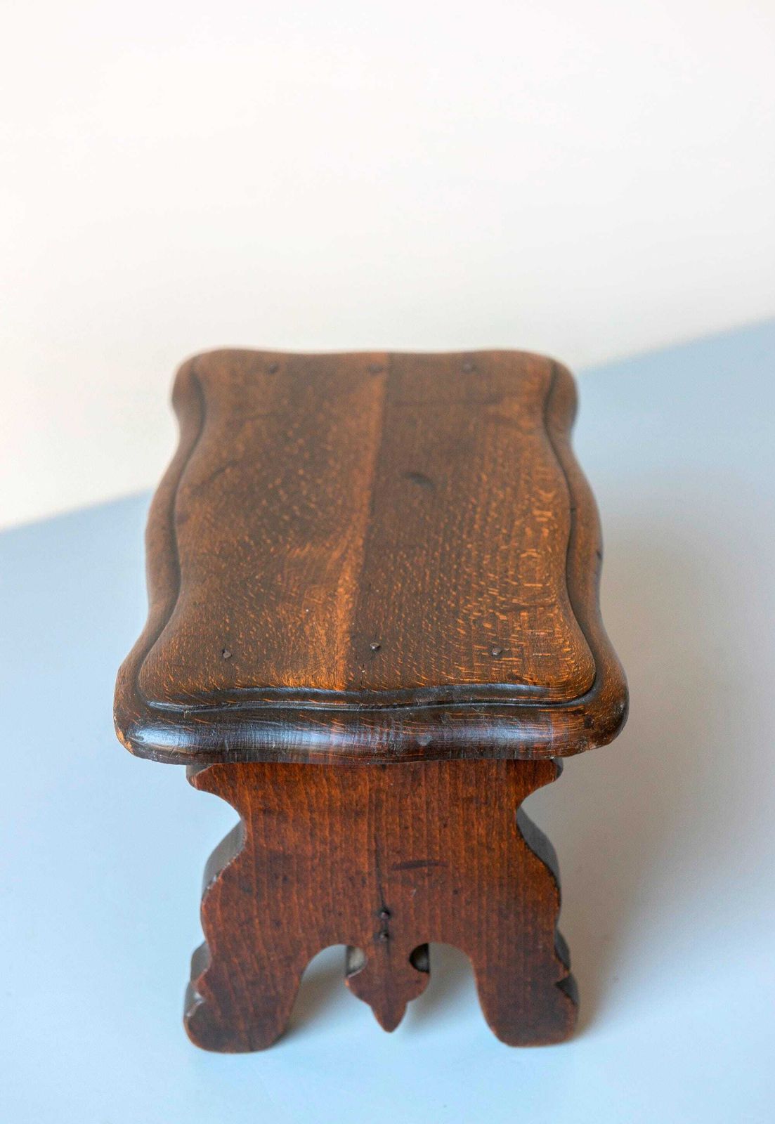 photo for sale 19th Century Primitive Wooden Stool – Rustic English Country Footstool With Scalloped Top
