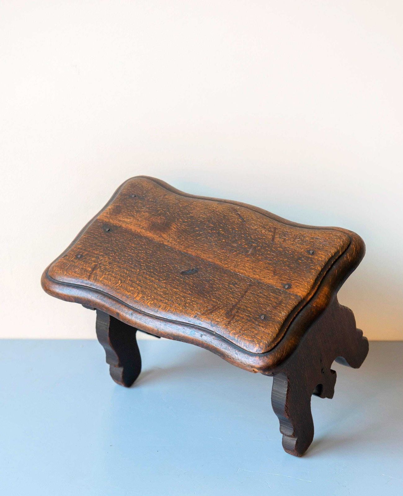 Furniture 19th Century Primitive Wooden Stool – Rustic English Country Footstool With Scalloped Top photo