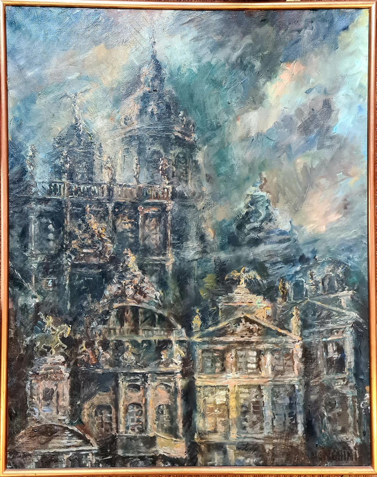 Baroque Buildings Oil Painting On Canvas, Late 20th Century, By Alain Menghini 94x75 Cm