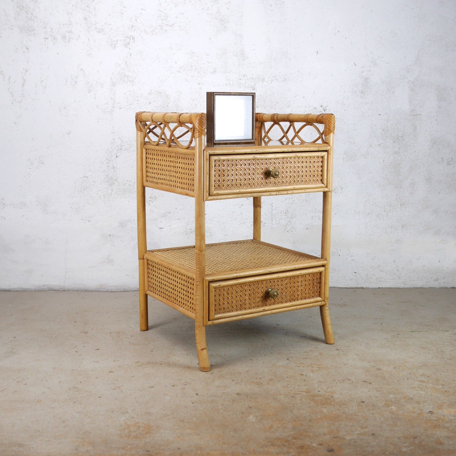 Pair Vintage Mid Century Bamboo Rattan Bedside Tables Drawers Angraves #103130 photo 555.0