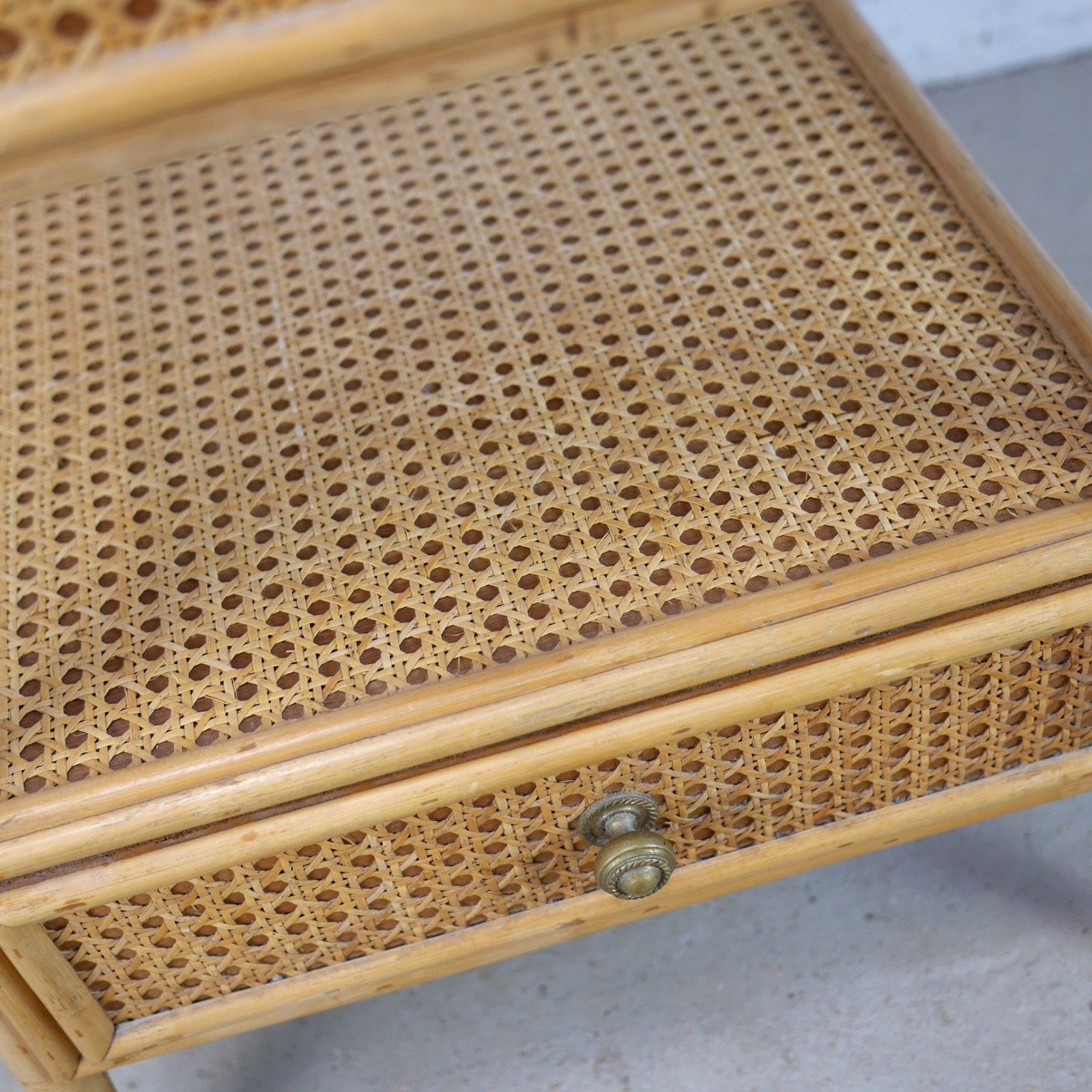 photo for sale Pair Vintage Mid Century Bamboo Rattan Bedside Tables Drawers Angraves #103130