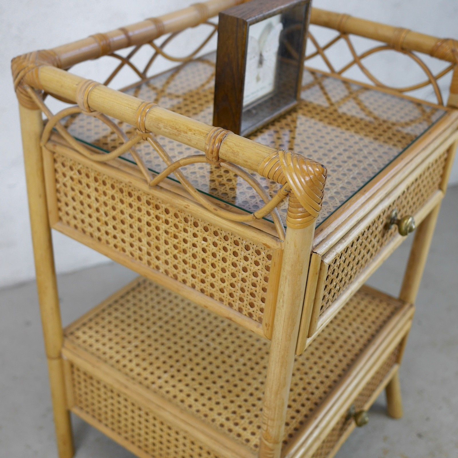 Furniture Pair Vintage Mid Century Bamboo Rattan Bedside Tables Drawers Angraves #103130 photo