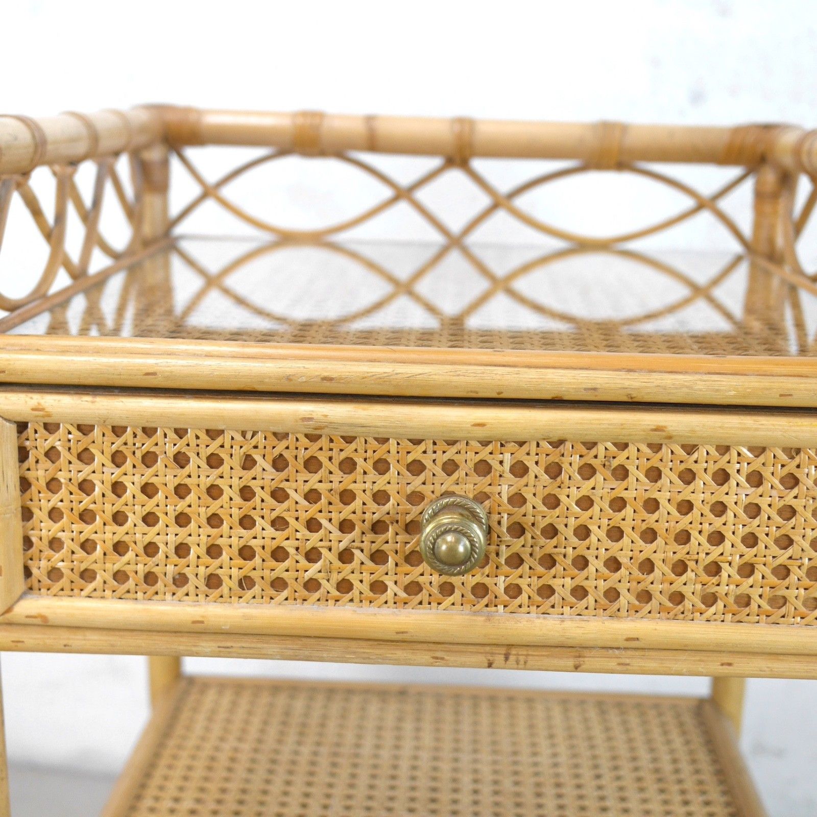 photo vinterior Pair Vintage Mid Century Bamboo Rattan Bedside Tables Drawers Angraves #103130