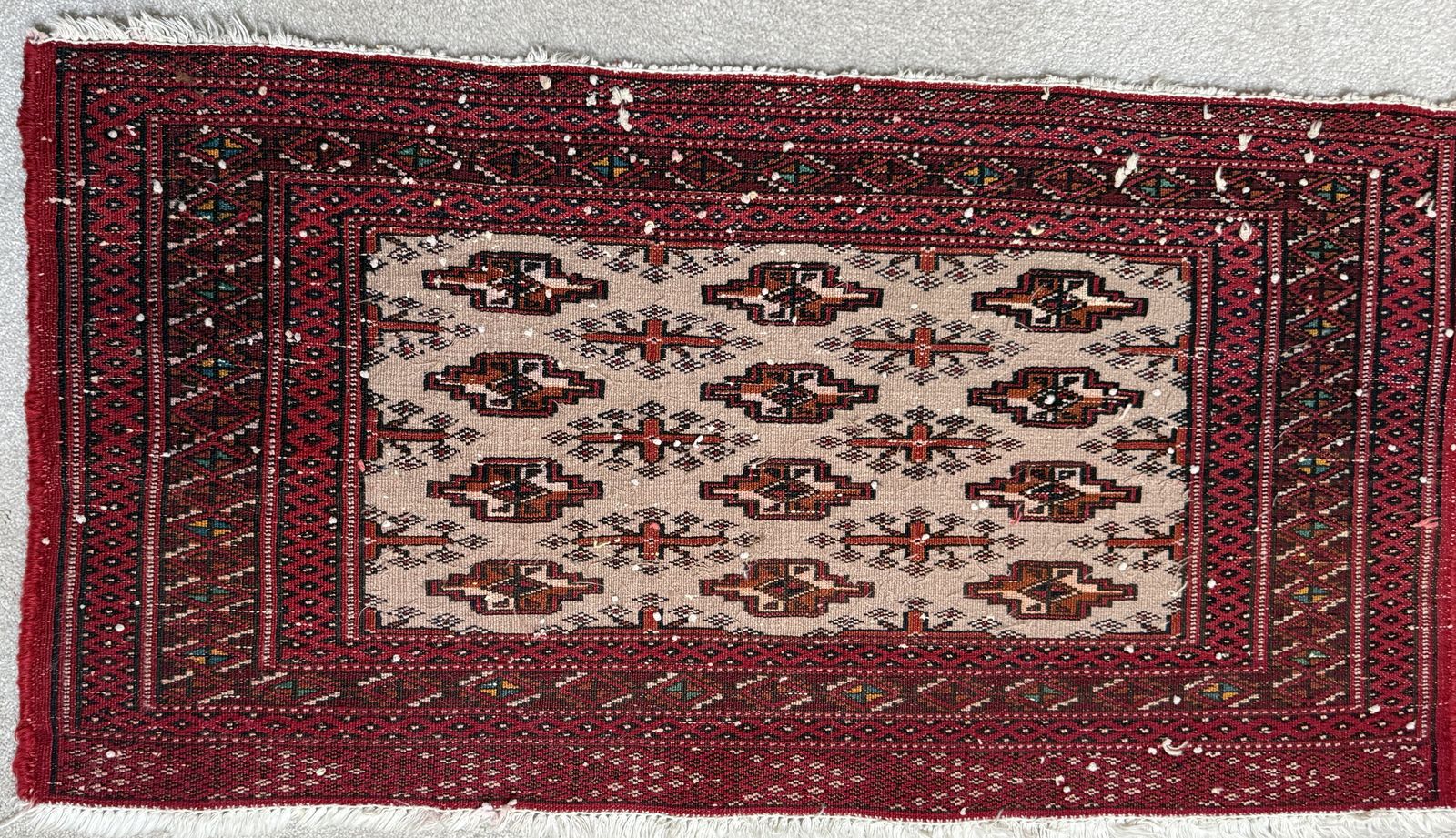 Vintage Bokhara Style Hand Knotted Wool Rug, Ivory Field & Red Gul Motifs, 42 × 83 Cm