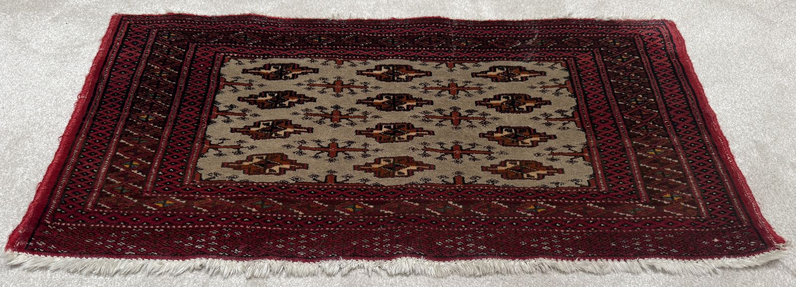 Vintage Bokhara Style Hand Knotted Wool Rug, Ivory Field & Red Gul Motifs, 42 × 83 Cm photo furniture