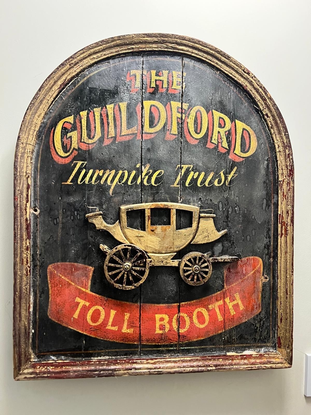 Early 20th Century Wooden Turnpike Trust Sign – Guildford Toll Booth – Carved Stagecoach”