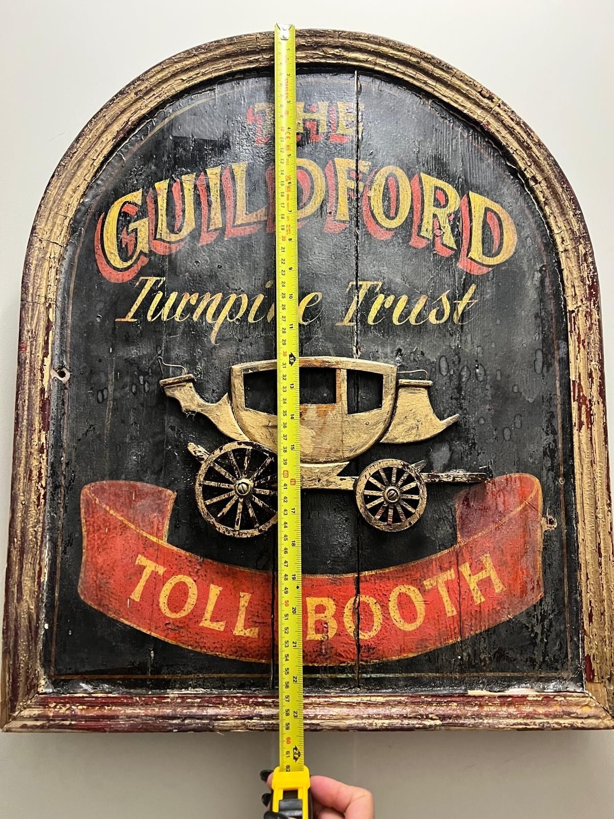 Early 20th Century Wooden Turnpike Trust Sign – Guildford Toll Booth – Carved Stagecoach” photo 495.0