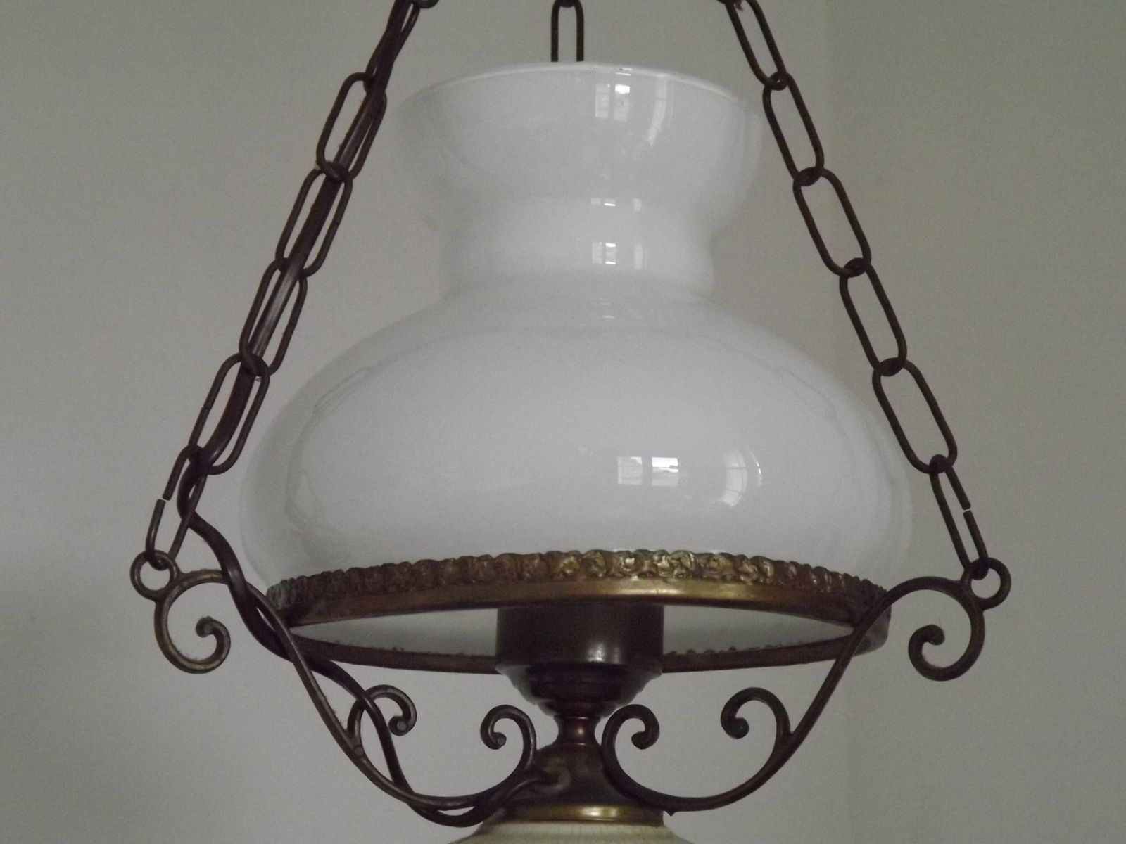 photo for sale French Mid Century Country Lantern Light   Floral Finial Opaque Glass Shade