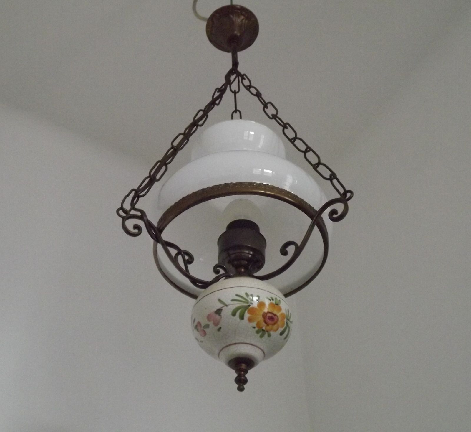 French Mid Century Country Lantern Light   Floral Finial Opaque Glass Shade