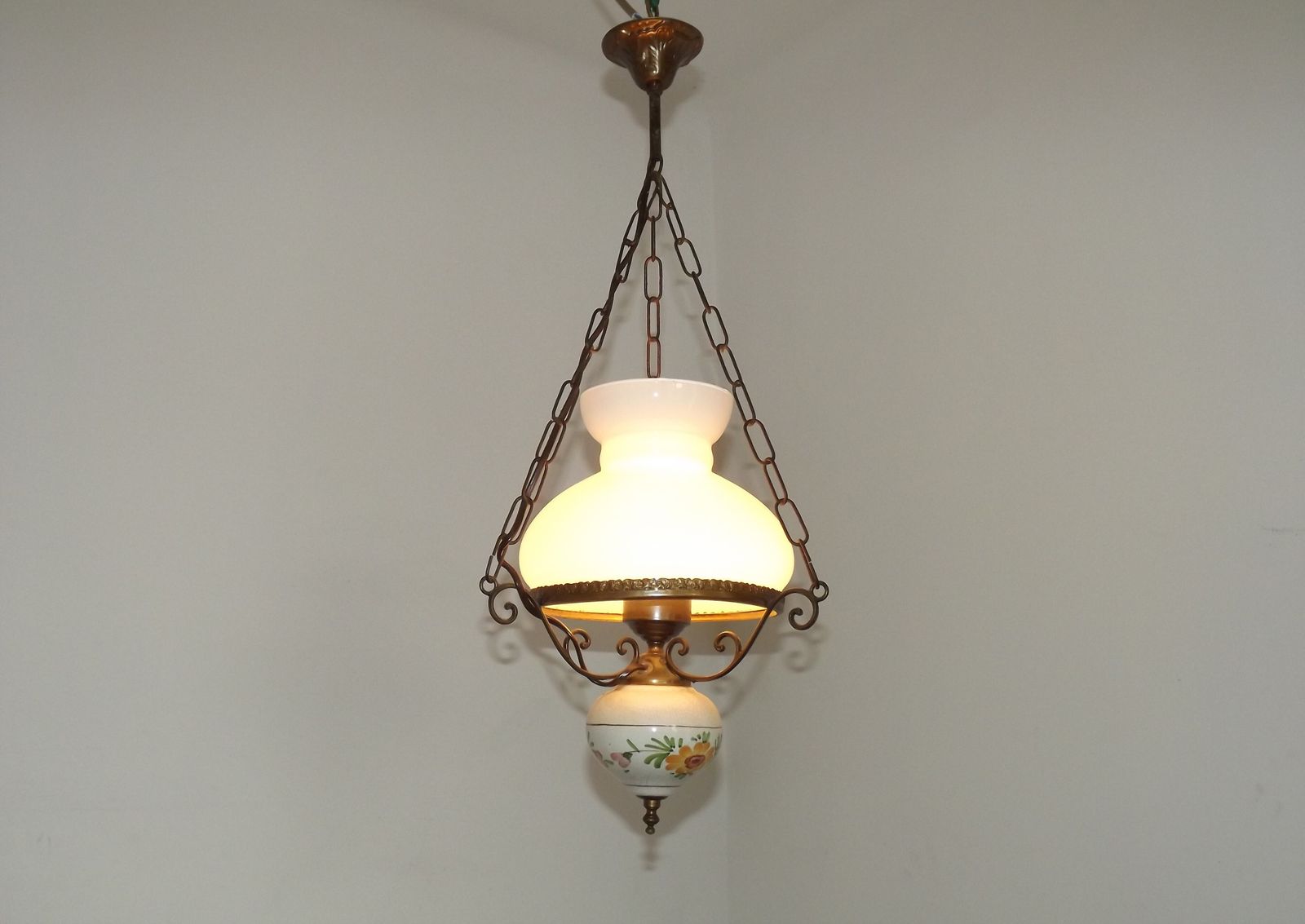 French Mid Century Country Lantern Light   Floral Finial Opaque Glass Shade photo Lighting