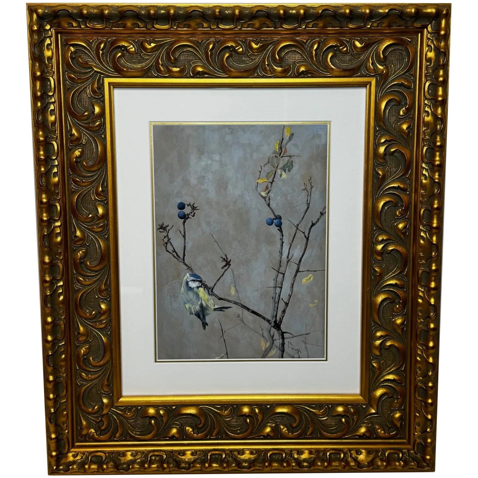 Victorian C1900 Antique Painting Apple Blossom Blue Tit Bird By Arthur Wardle