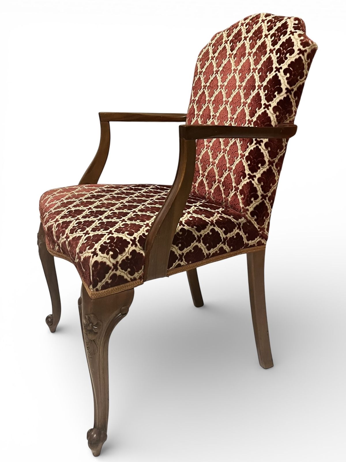 Antique Upholstered Armchair 93cm High 57cm Wide Red Pattern Fabric Wooden Frame photo vinterior