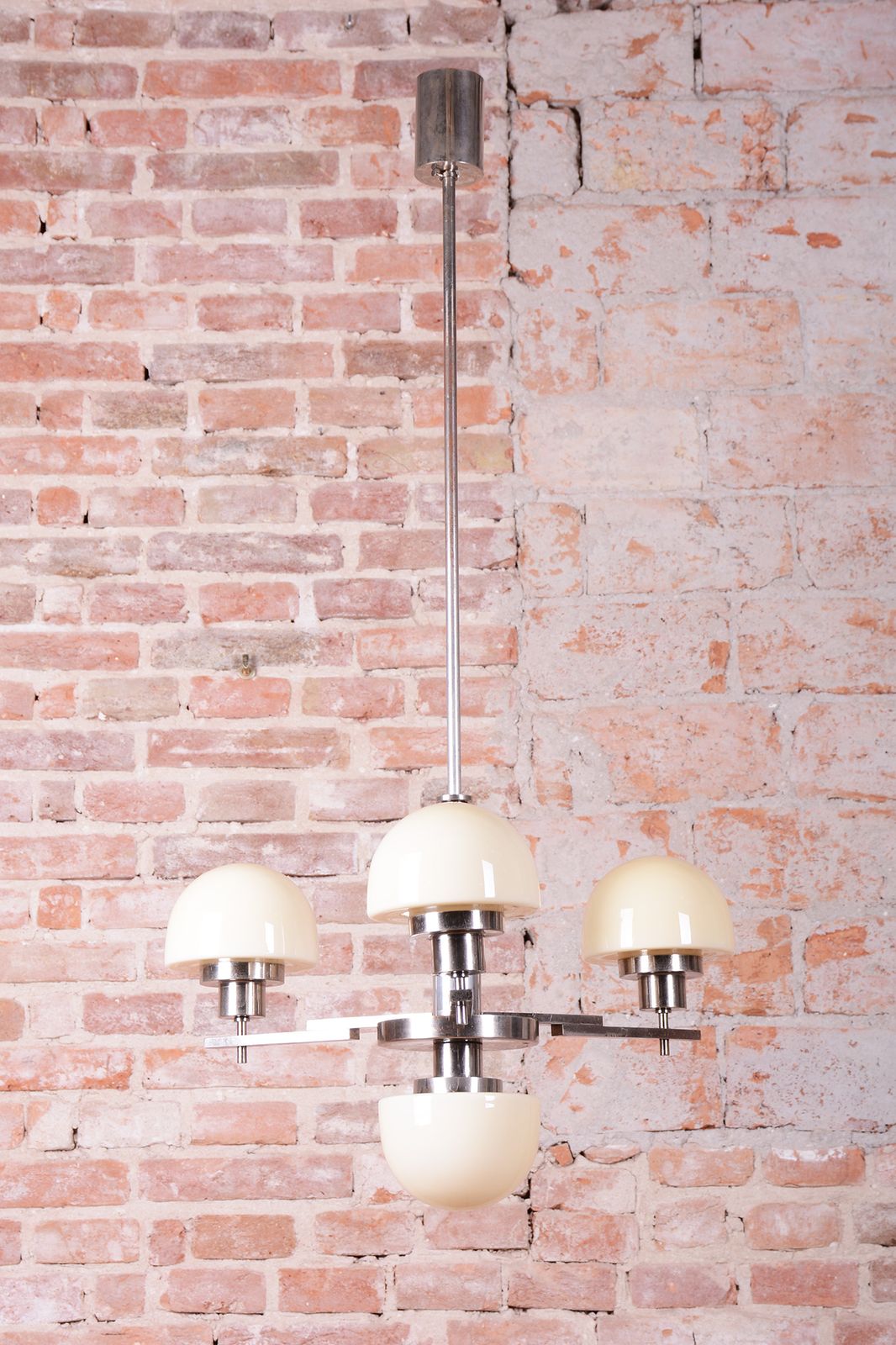 Restored Art Deco Chandelier, Chrome Plated Steel, Opaline Glass, Czech, 1930s photo furniture
