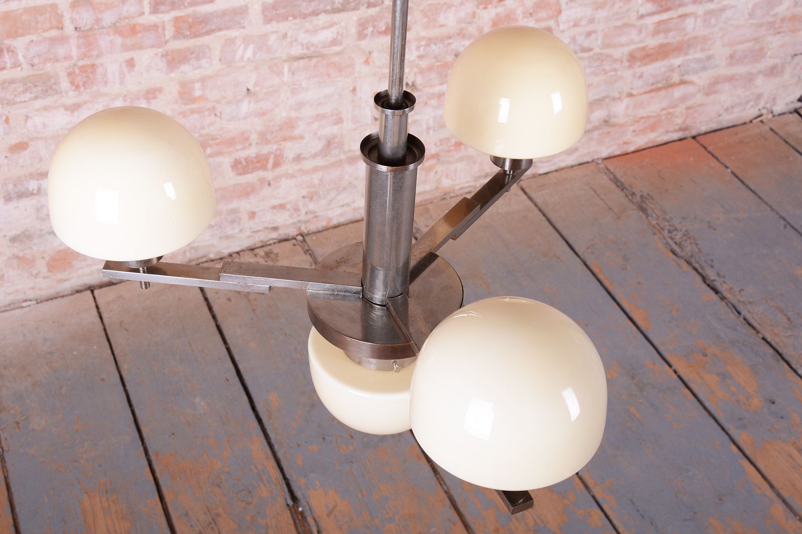 Restored Art Deco Chandelier, Chrome Plated Steel, Opaline Glass, Czech, 1930s photo vinterior