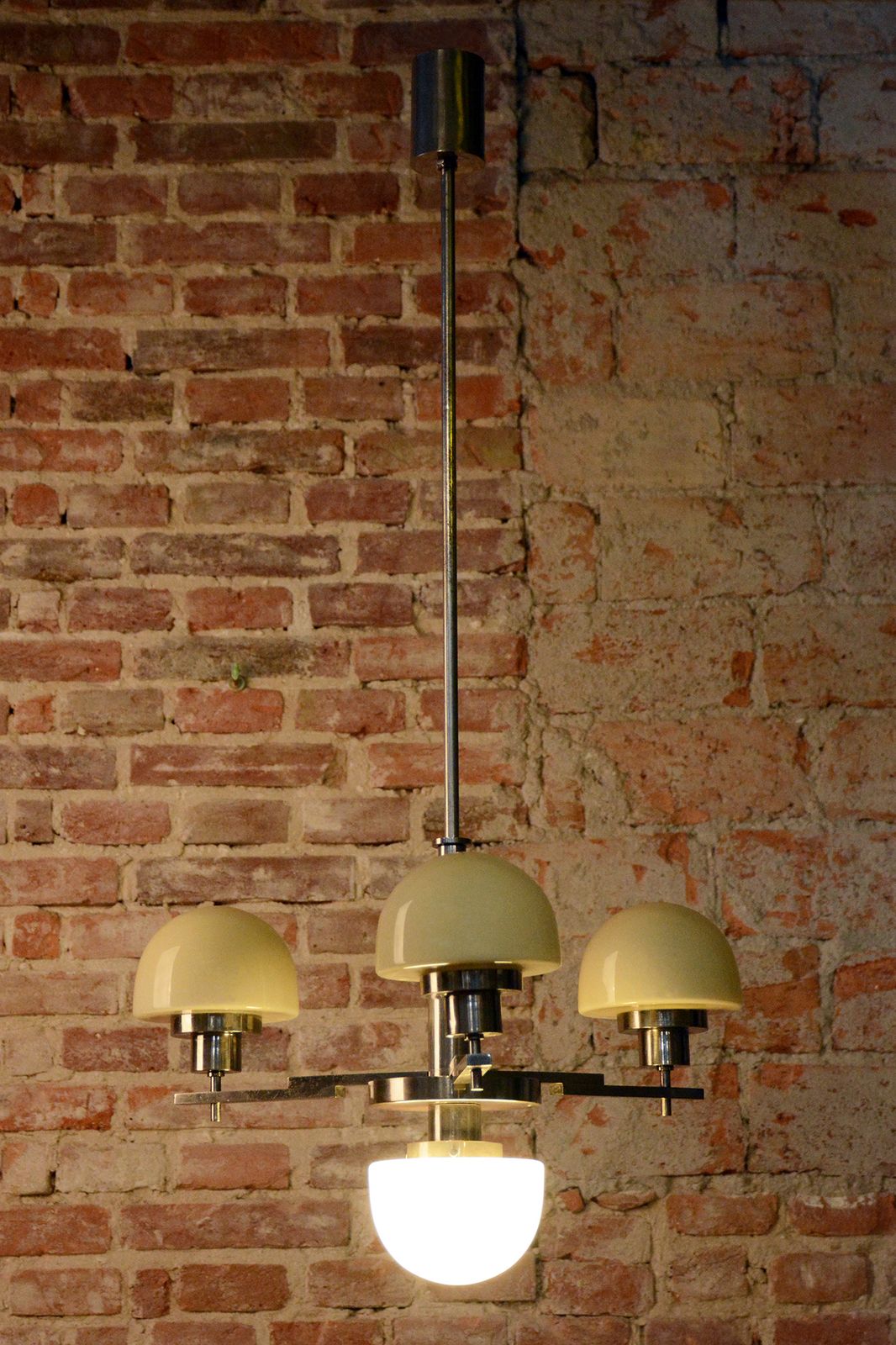 photo furniture Restored Art Deco Chandelier, Chrome Plated Steel, Opaline Glass, Czech, 1930s
