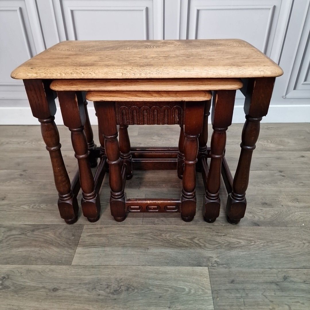 Vintage Nest Of Tables 3 Solid Oak Wooden Coffee Side Lamp Turned Wood Retro photo buy
