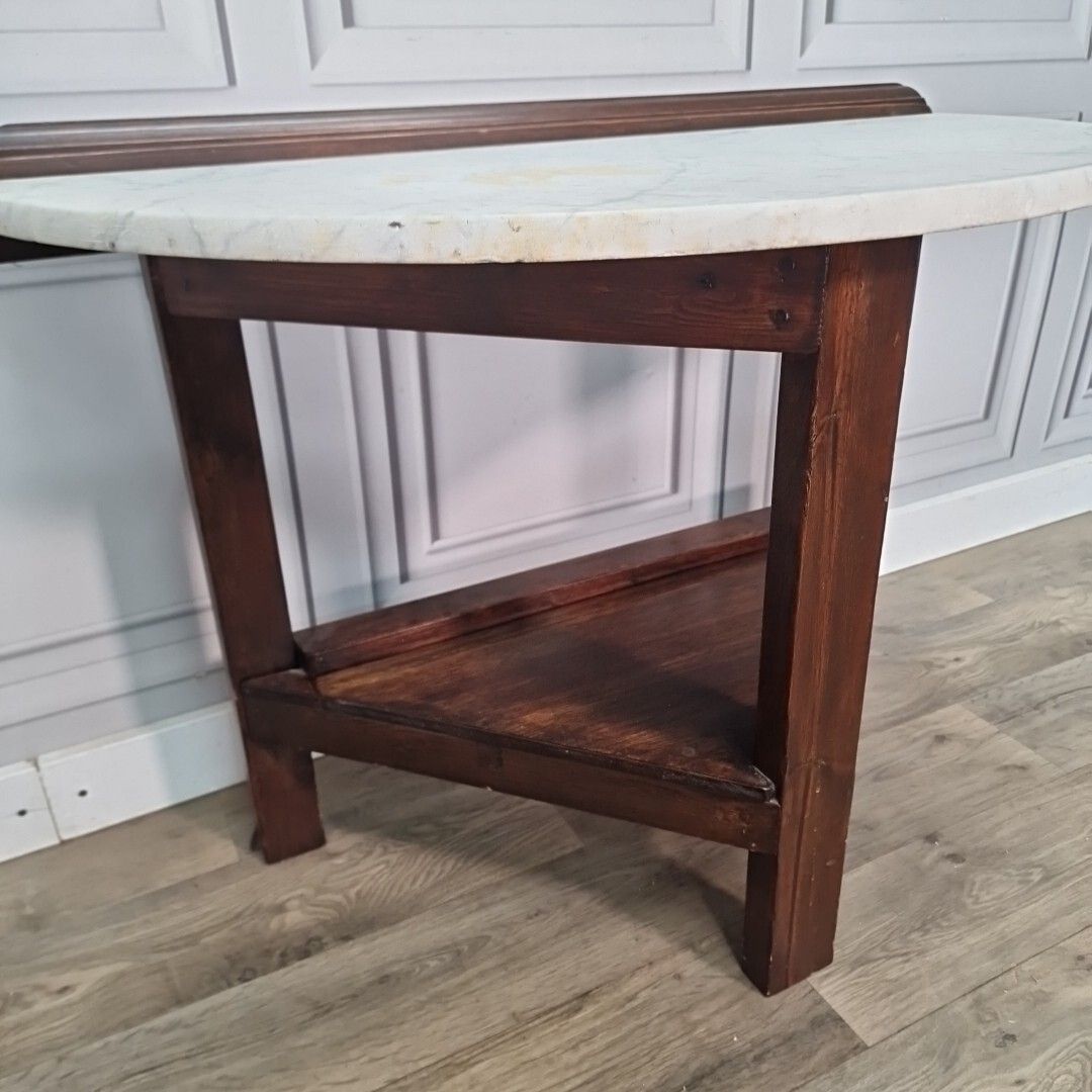 Antique Victorian Style Table Wood & Marble Top Wash Stand Console Demi Lune photo for sale
