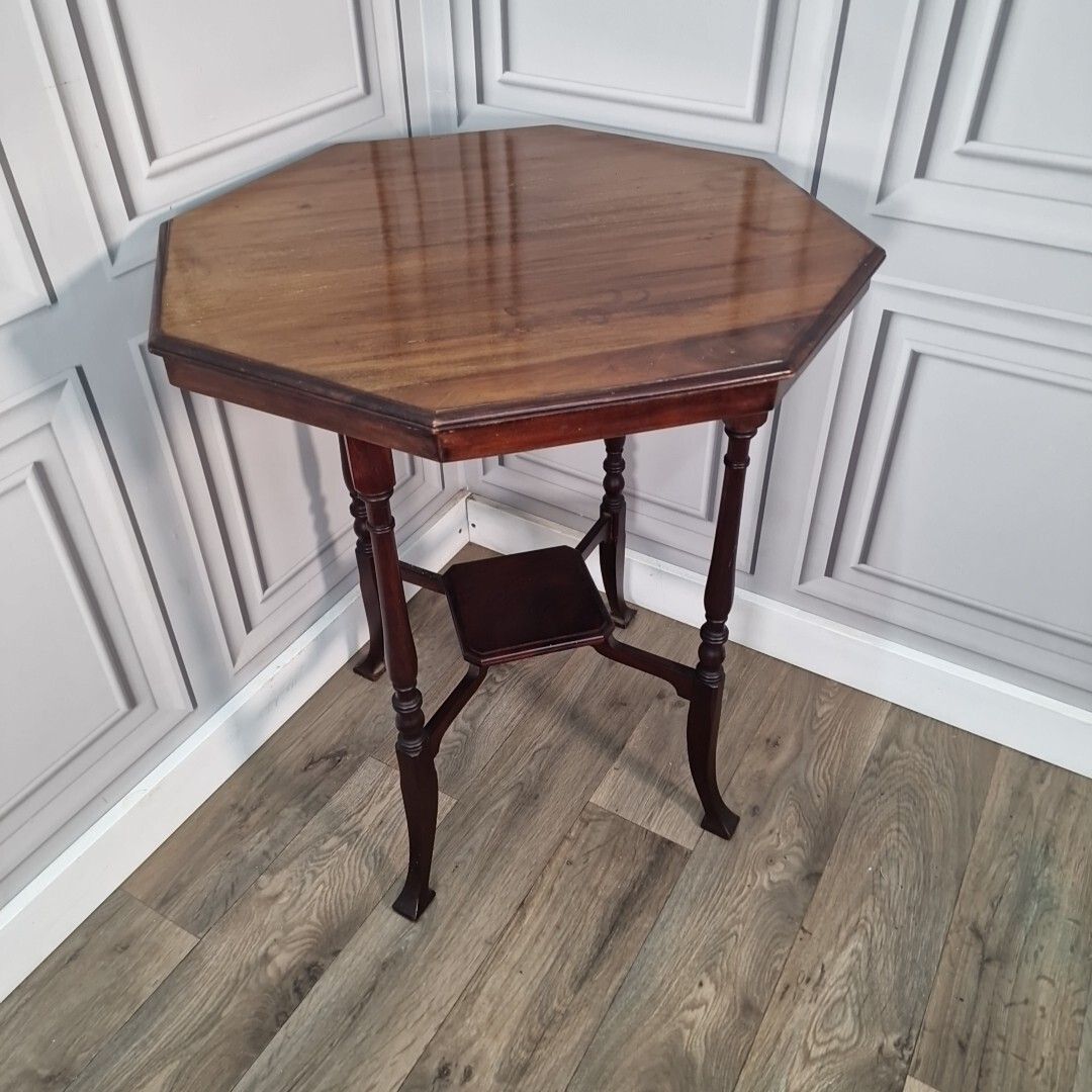 Antique Side Table Wooden Arts & Crafts Octagonal 2 Tier Hardwood Window Wine photo for sale
