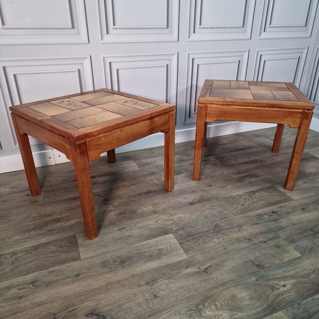 Retro Pair Side Tables 2 Small Mid Century Teak Tiled Wooden Coffee Bedside photo furniture
