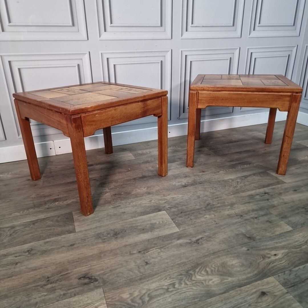 Retro Pair Side Tables 2 Small Mid Century Teak Tiled Wooden Coffee Bedside photo for sale
