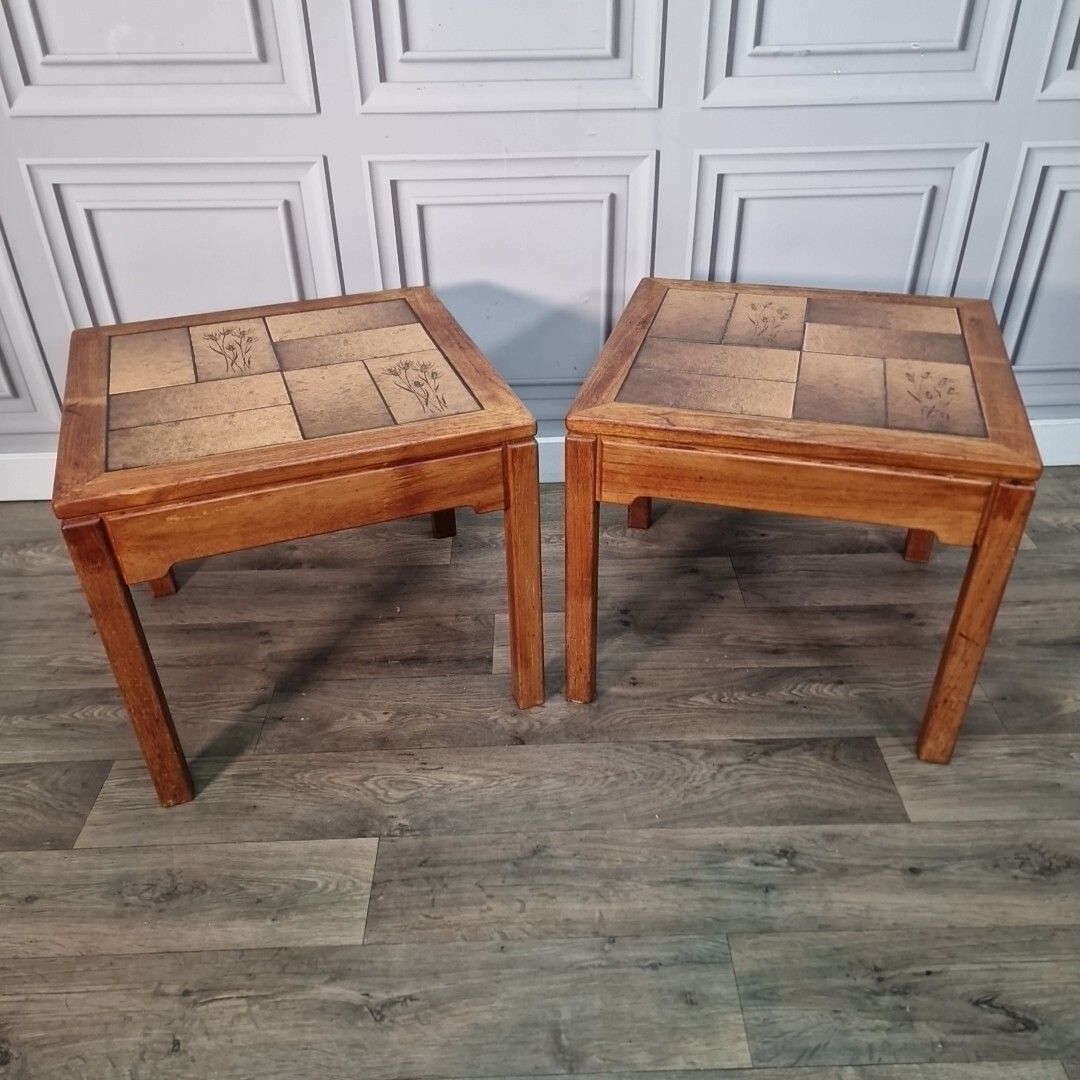 Retro Pair Side Tables 2 Small Mid Century Teak Tiled Wooden Coffee Bedside photo Furniture
