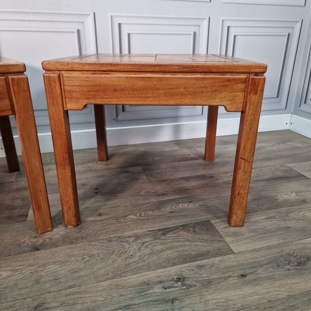 Retro Pair Side Tables 2 Small Mid Century Teak Tiled Wooden Coffee Bedside photo vinterior
