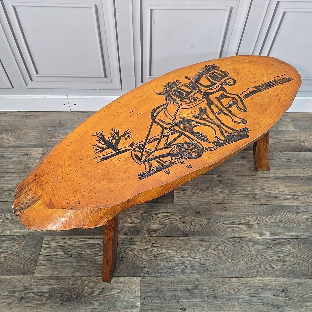 Vintage Rustic Coffee Table Carved Hardwood Slab Top Folk Art Horse Scene Iroko? photo furniture