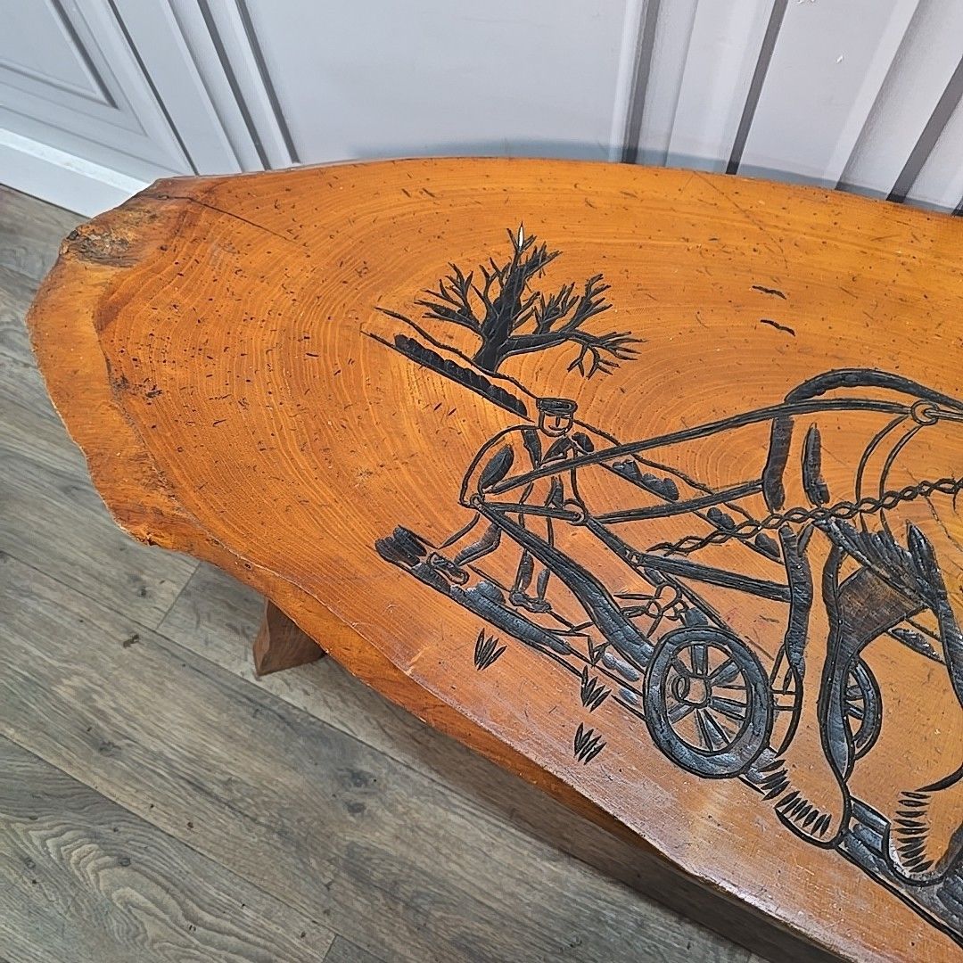 Vintage Rustic Coffee Table Carved Hardwood Slab Top Folk Art Horse Scene Iroko? photo buy