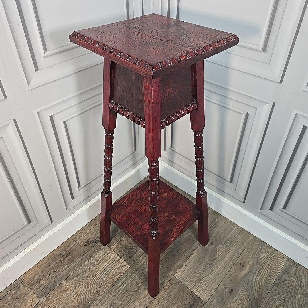 Antique Plant Stand Lamp Table – Turned Oak Legs & Bobbin Trim Mahogany Finish photo for sale