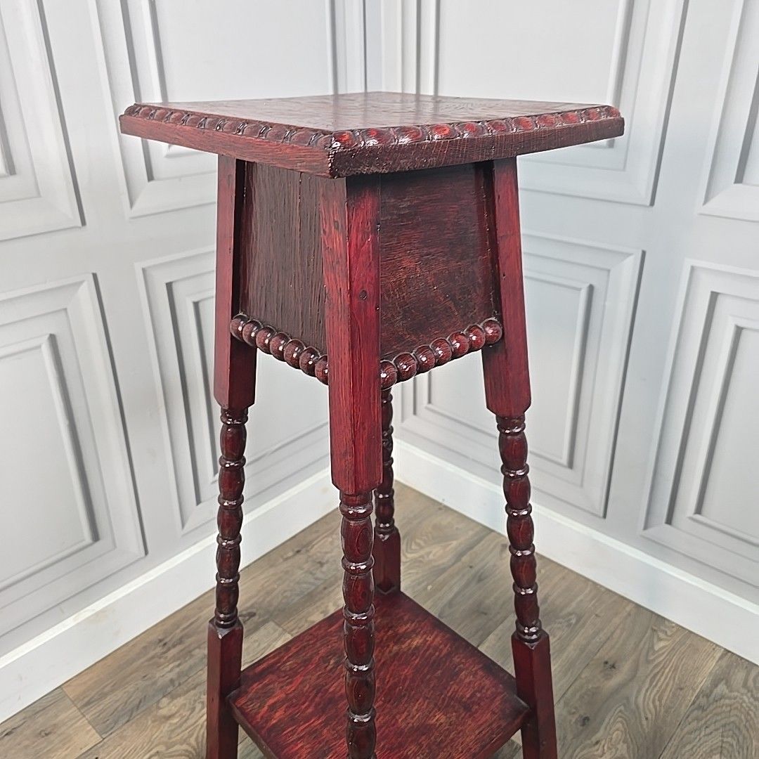 Antique Plant Stand Lamp Table – Turned Oak Legs & Bobbin Trim Mahogany Finish photo 90.0