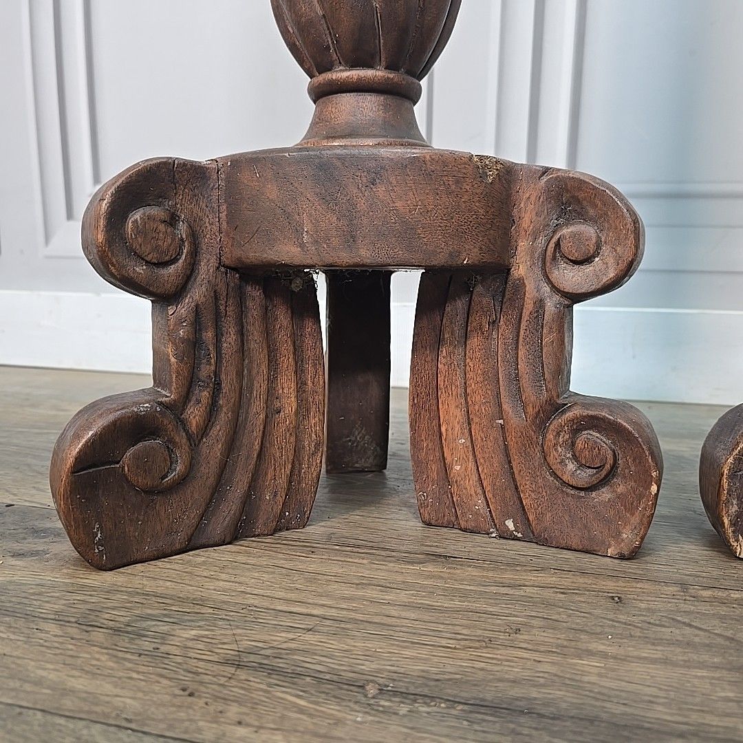 photo for sale Antique Pair Plant Stands Gothic Revival Carved Walnut Tripod Torchères Candle