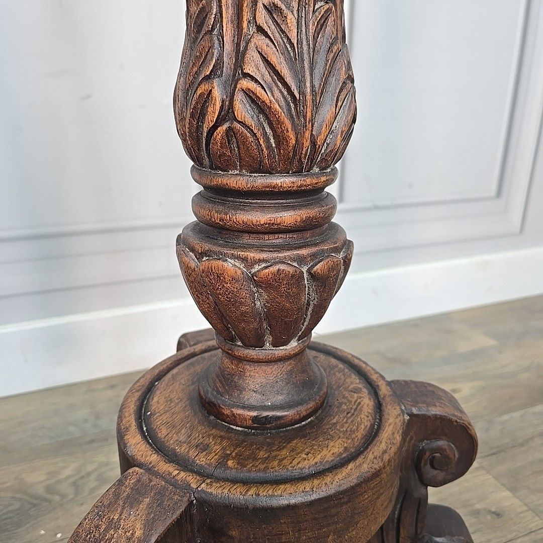 490.0 Antique Pair Plant Stands Gothic Revival Carved Walnut Tripod Torchères Candle photo