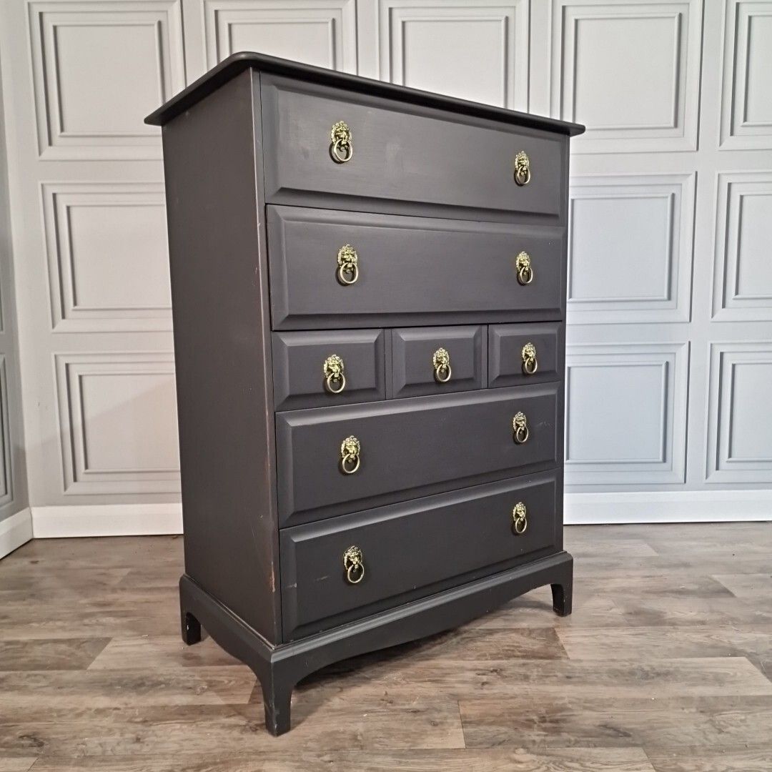 Vintage Tallboy Chest Of 7 Drawers  Stag Minstrel  Mid Century Painted Retro