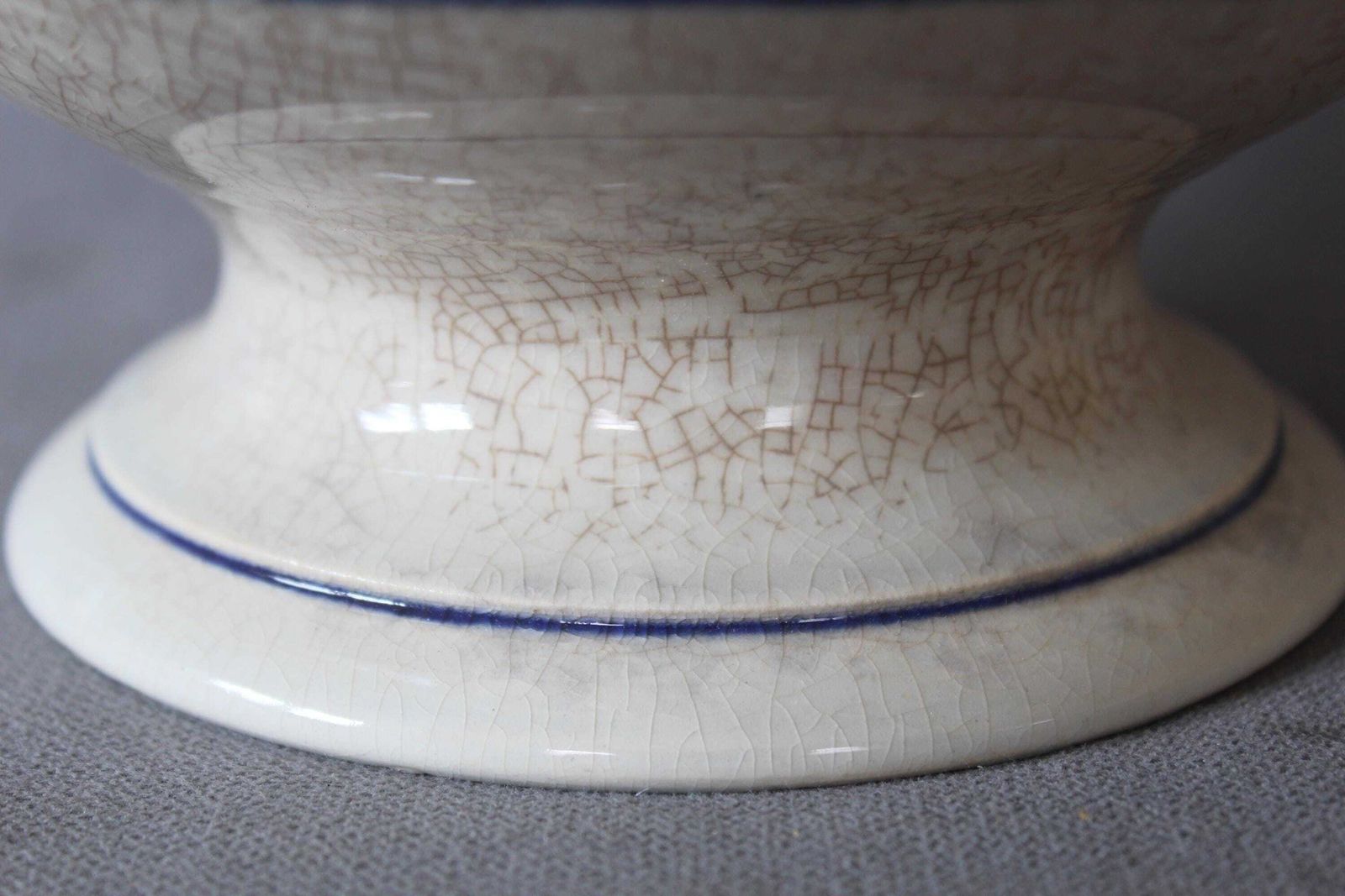 Large Antique Blue And White Ceramic Ironstone Tureen Soup Bowl With Lid, Strawflower Design, Copenhagen Style, Tea Stained Crackled photo for sale