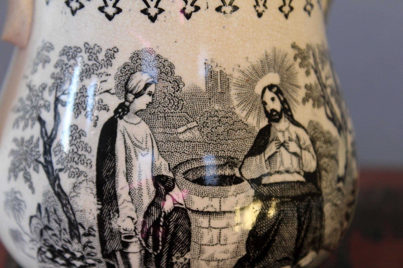 Large Antique 19th Century Ceramic Jug, Cream Milk Pitcher, Religious Jesus Virgin Mary, England French Black And White Transferware, Repair photo Home Decor