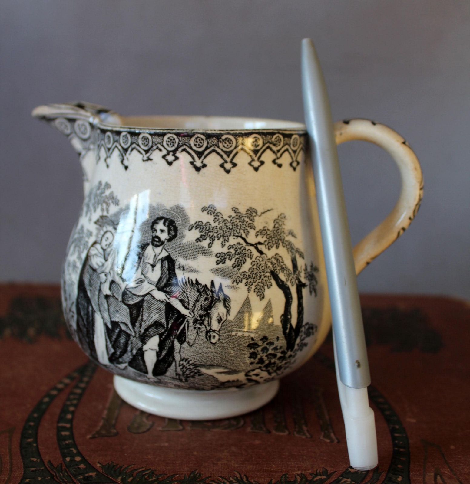 Large Antique 19th Century Ceramic Jug, Cream Milk Pitcher, Religious Jesus Virgin Mary, England French Black And White Transferware, Repair photo 78.0