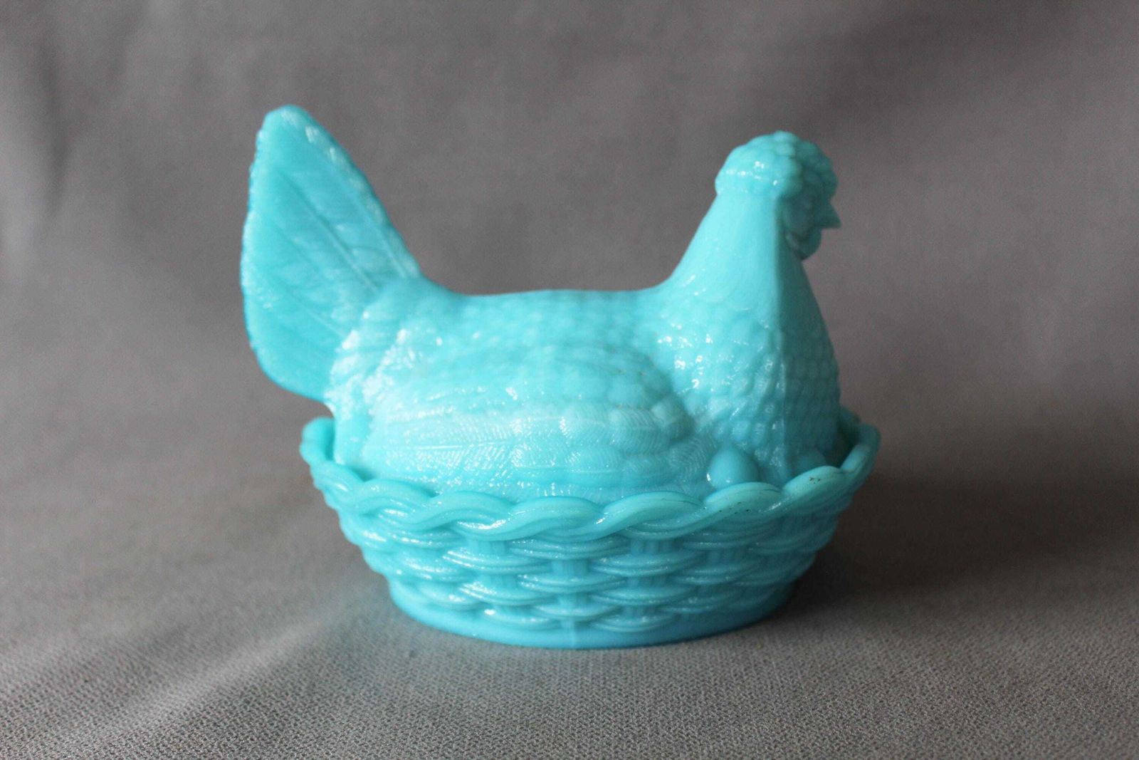 photo furniture Large Vintage French Blue Opaline Glass Nesting Hen On Basket Box, Milk Glass, Baby Blue Opaline, Pressed Glass, Terrine, Basket Weave
