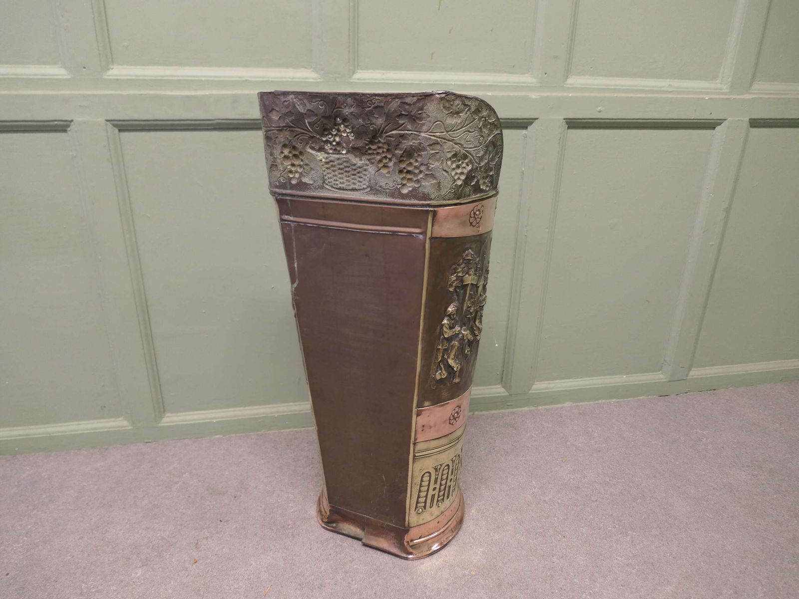Very Large French Arts And Crafts Embossed Brass Stick Stand This Is An Impressive Piece photo vinterior