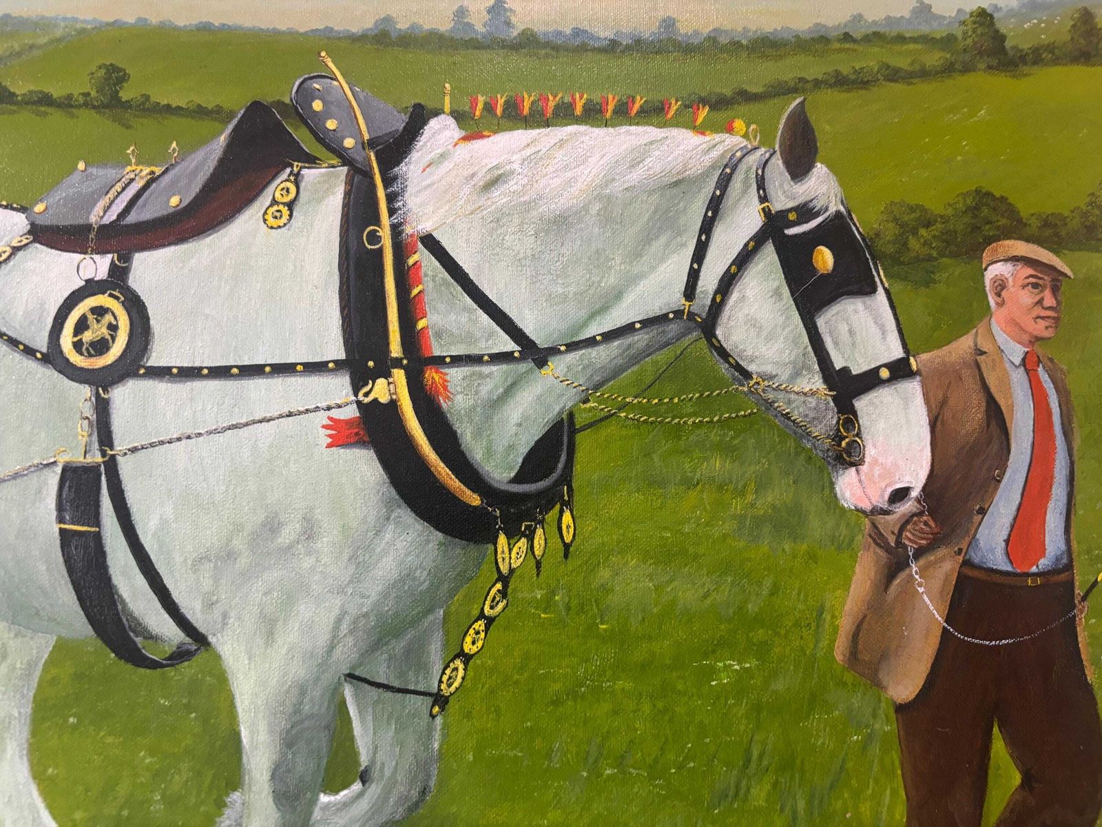 Beautiful Vintage Oil Painting Of Shire Horse Being Led By Gentleman Signed photo for sale