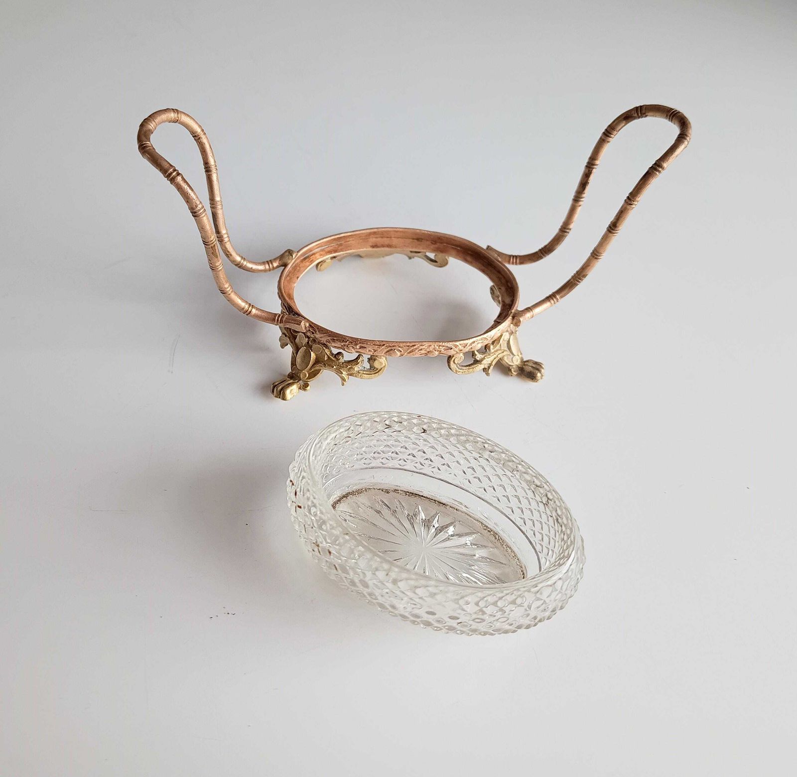 photo for sale Vintage Small French Serving Dish: Ormolu Empire Feet, Faux Bamboo, Seiler Sevres Style 1900