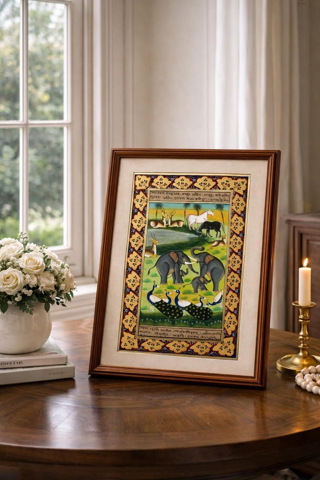 Hand Painted Miniature Elephants & Peacocks On Antique Sanskrit Manuscript With Gold Border. photo furniture