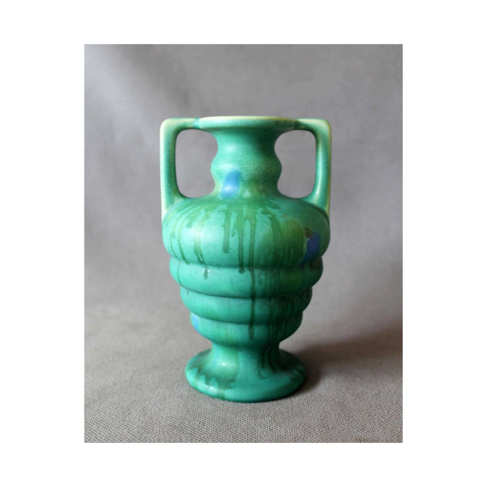 Art Deco Ceramic Vase, Faiencerie De Thulin Belgium, Drip Glaze, Studio Art, Turquoise, Bud Vase, Greek Urn Shape
