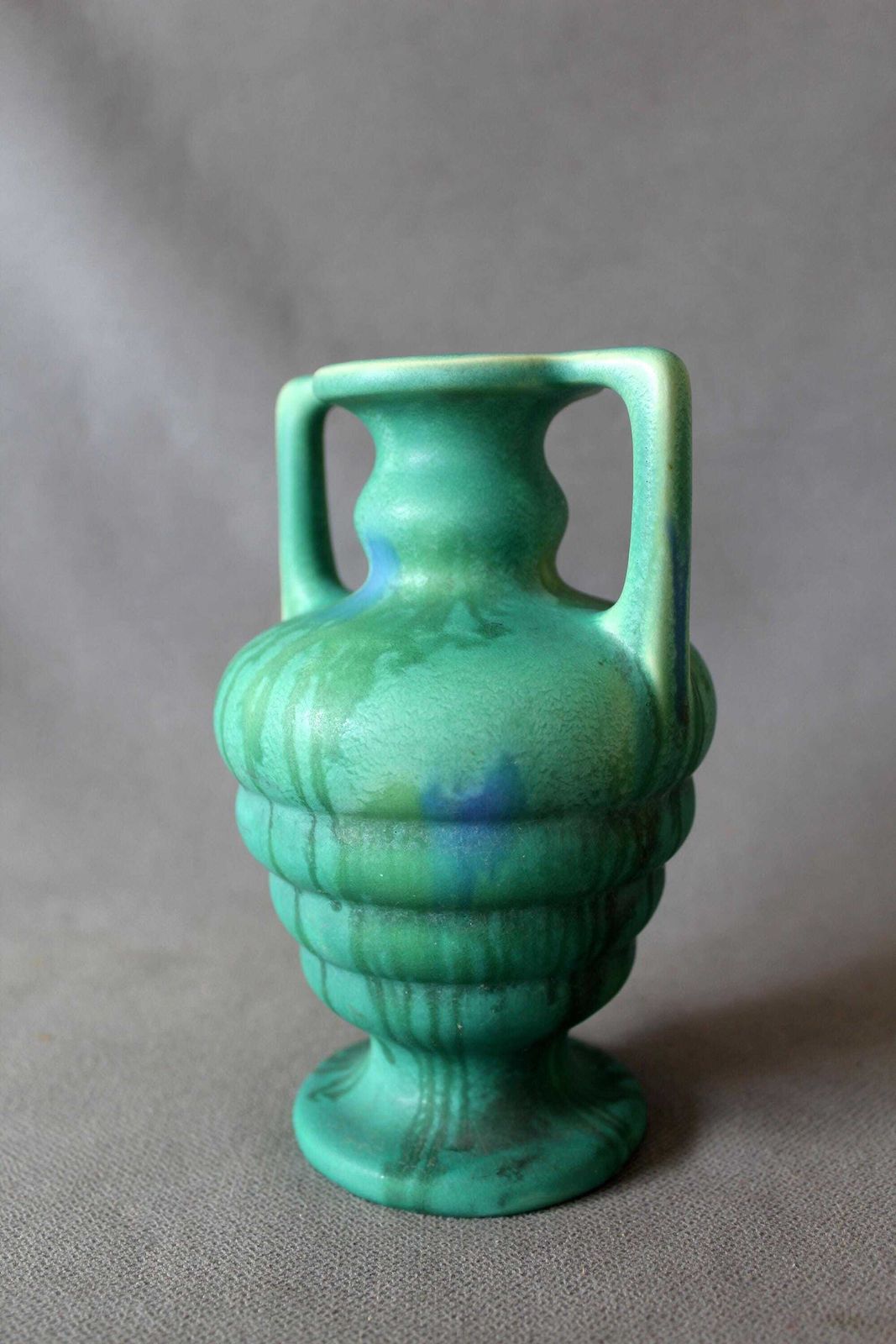 Art Deco Ceramic Vase, Faiencerie De Thulin Belgium, Drip Glaze, Studio Art, Turquoise, Bud Vase, Greek Urn Shape photo furniture