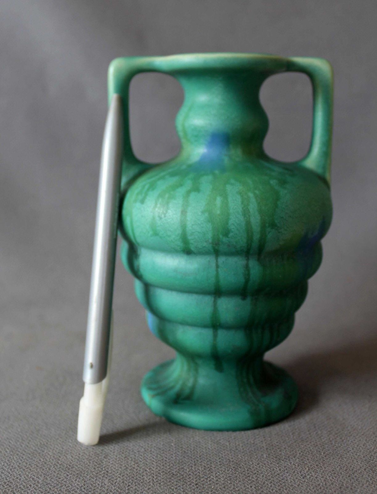 Art Deco Keramische Vaas, Faiencerie De Thulin België, Druipglazuur, Studio Art, Turquoise, Knopvaas, Griekse Urnvorm photo for sale