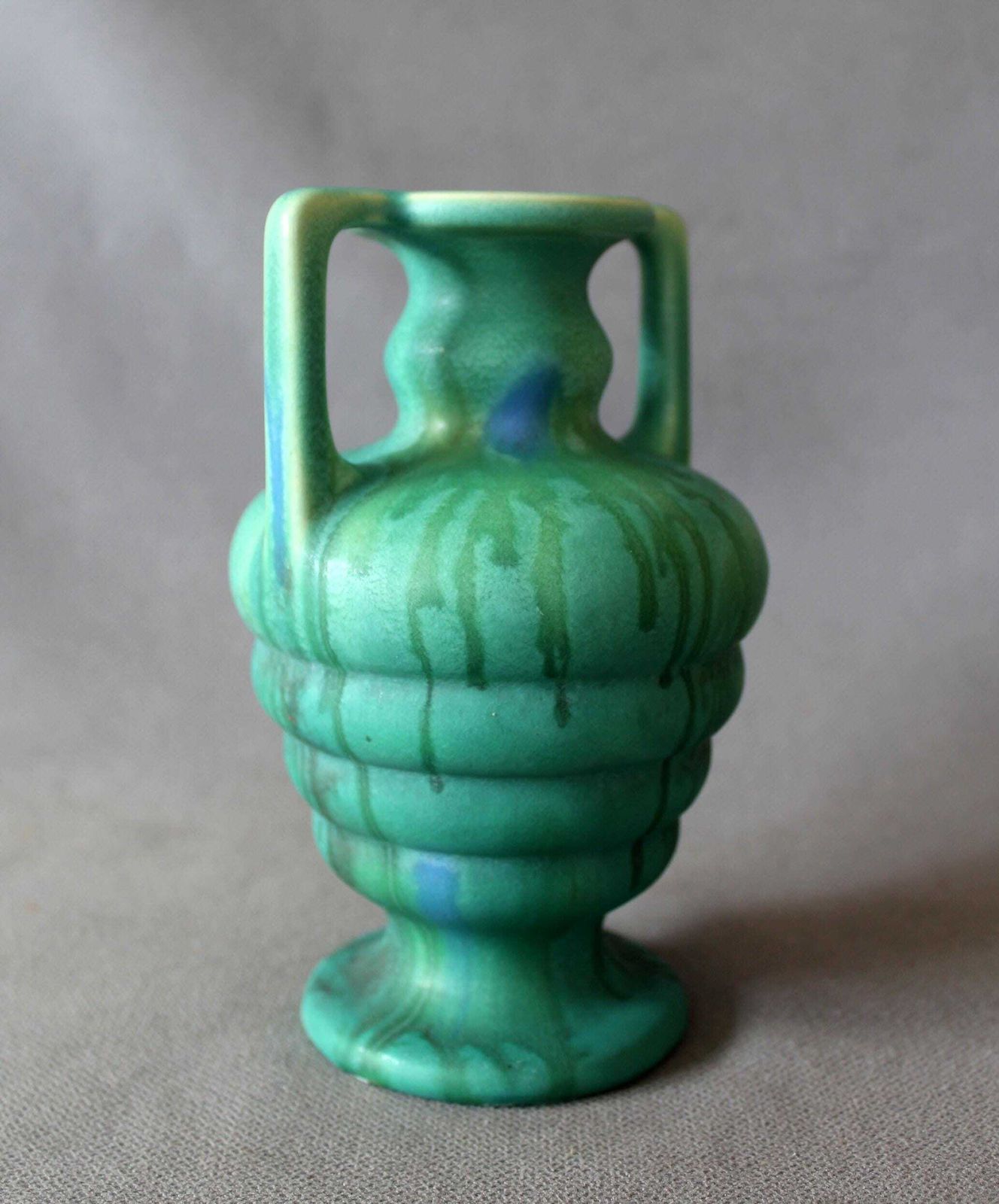 Woonaccessoires Art Deco Keramische Vaas, Faiencerie De Thulin België, Druipglazuur, Studio Art, Turquoise, Knopvaas, Griekse Urnvorm photo